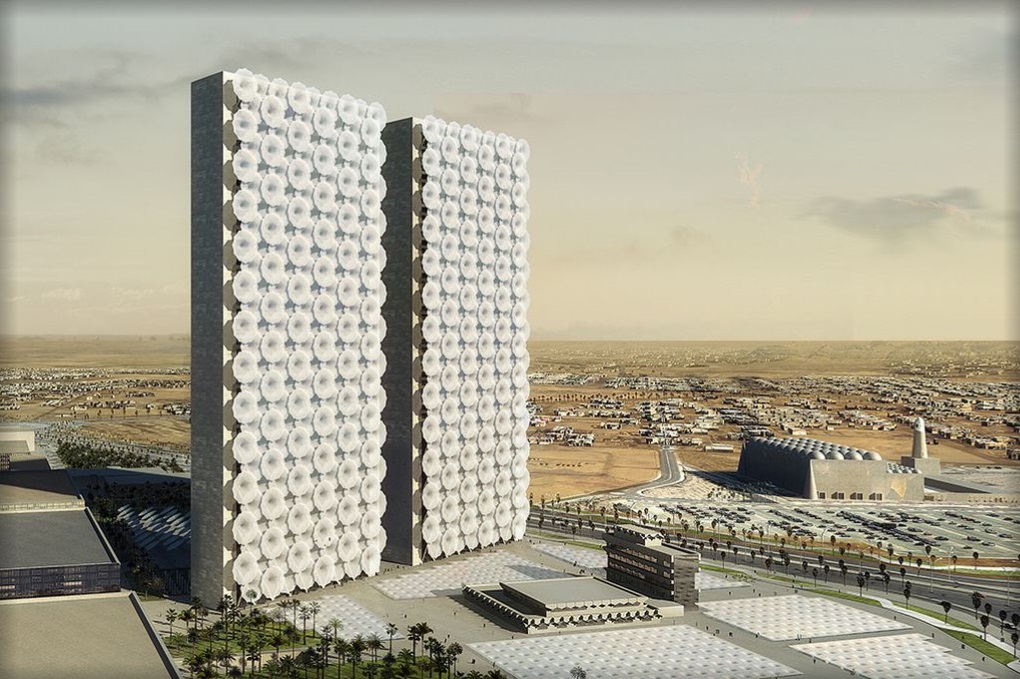 Skyscraper concept blocks the sun with hundreds of retractable umbrellas