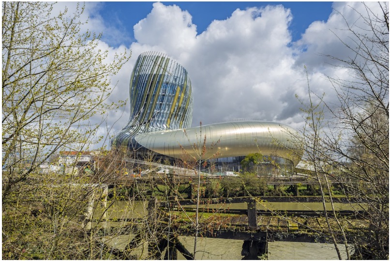 The curved structure of wine museum La Cité du Vin in Bordeaux, France